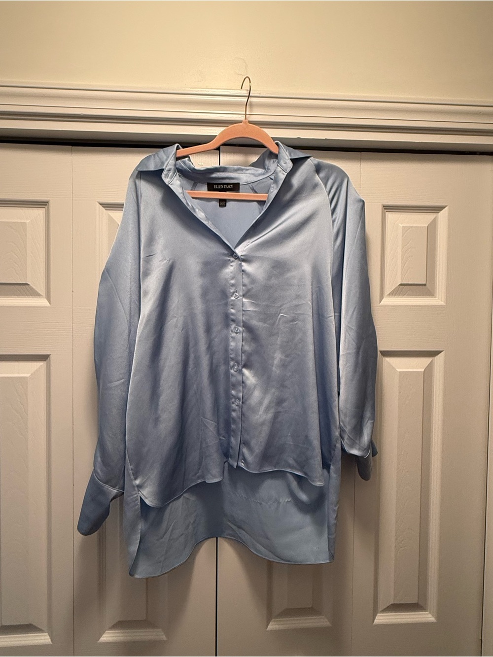 Ellen Tracy Light Blue Satin Button-Up Blouse